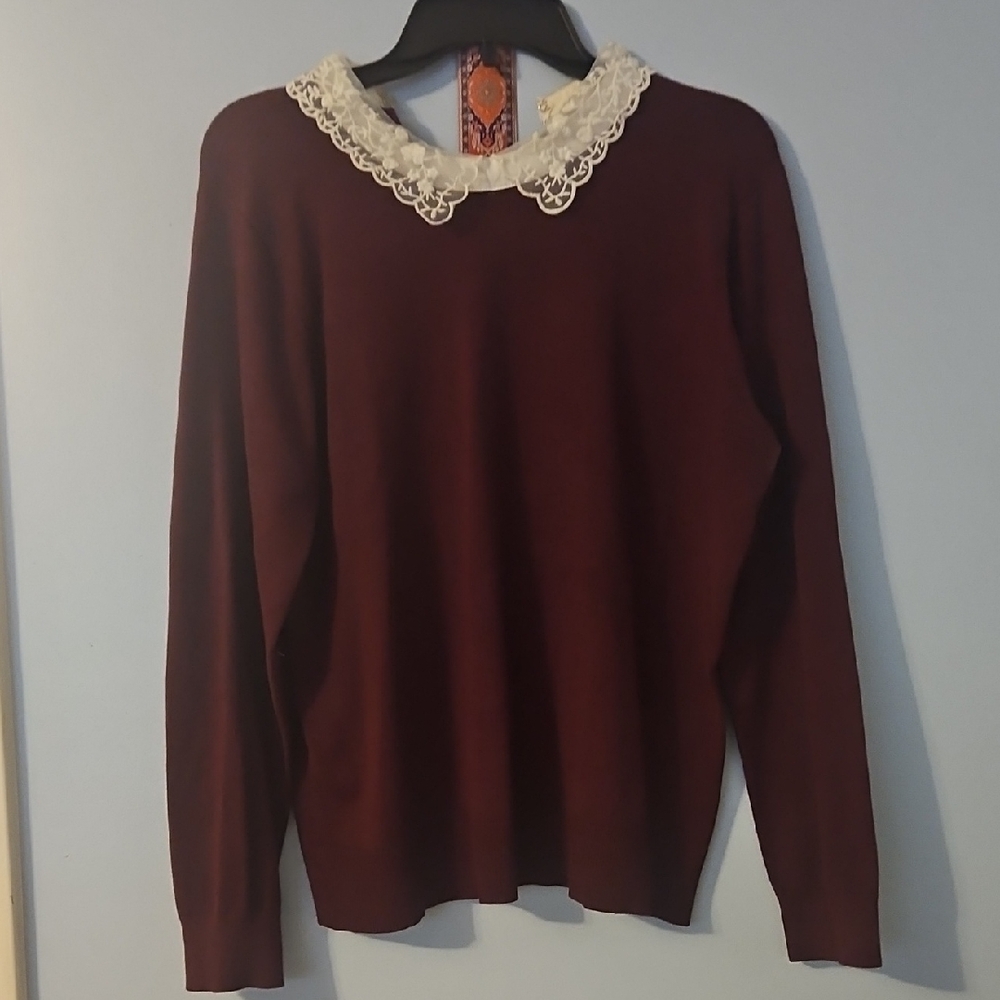 Burgundy Sweater with Lace Collar